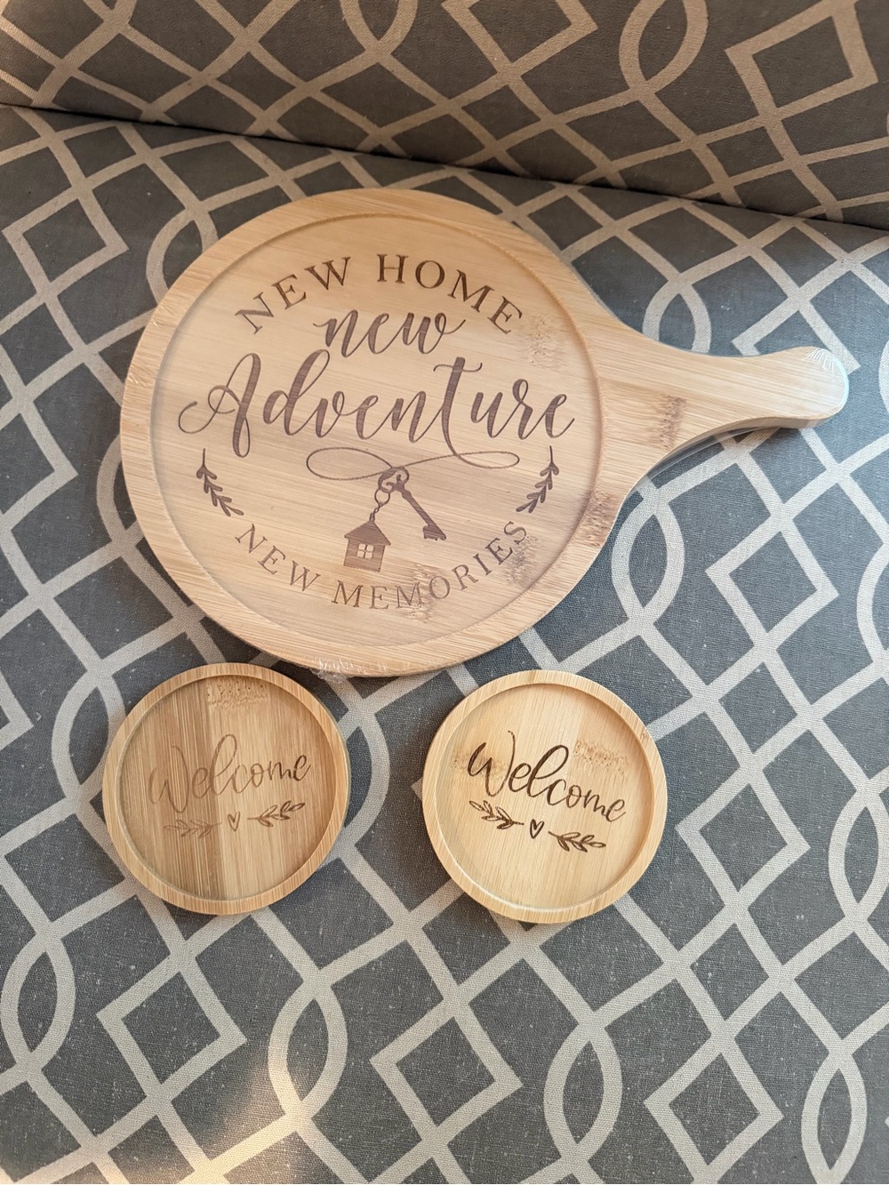 NWOT New Home Adventure Bamboo Serving Board & Welcome Coasters - Natural Wood